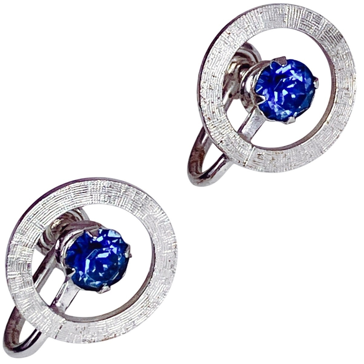 Vtg Sterling Silver 50s Signed A&Z Earrings Blue Rhinestone Modernist Screw Back